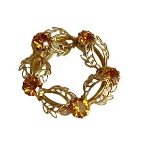 Vintage Wreath Brooch Faux Citrine Rhinestone Gold